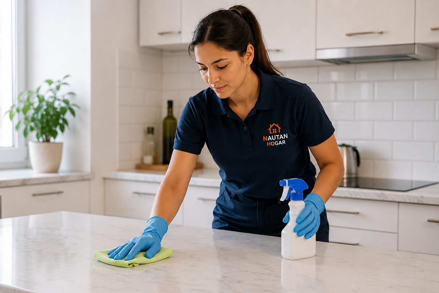 Profesional de limpieza de Nautan Hogar realizando un servicio de limpieza en Madrid