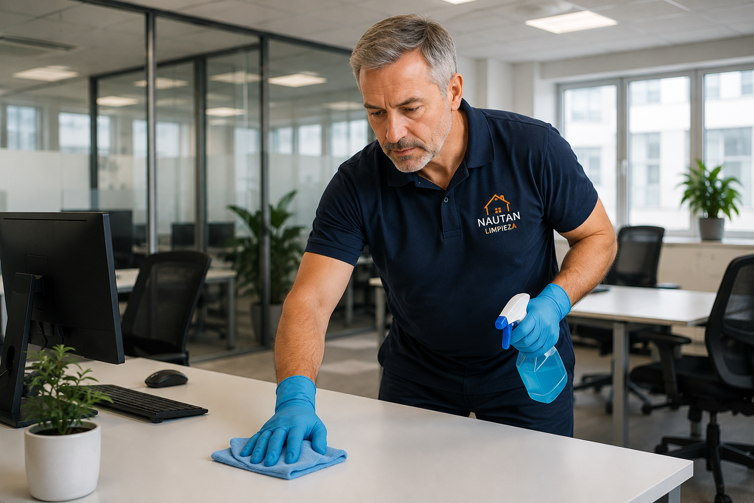 Profesional realizando limpieza de oficinas y negocios en Madrid