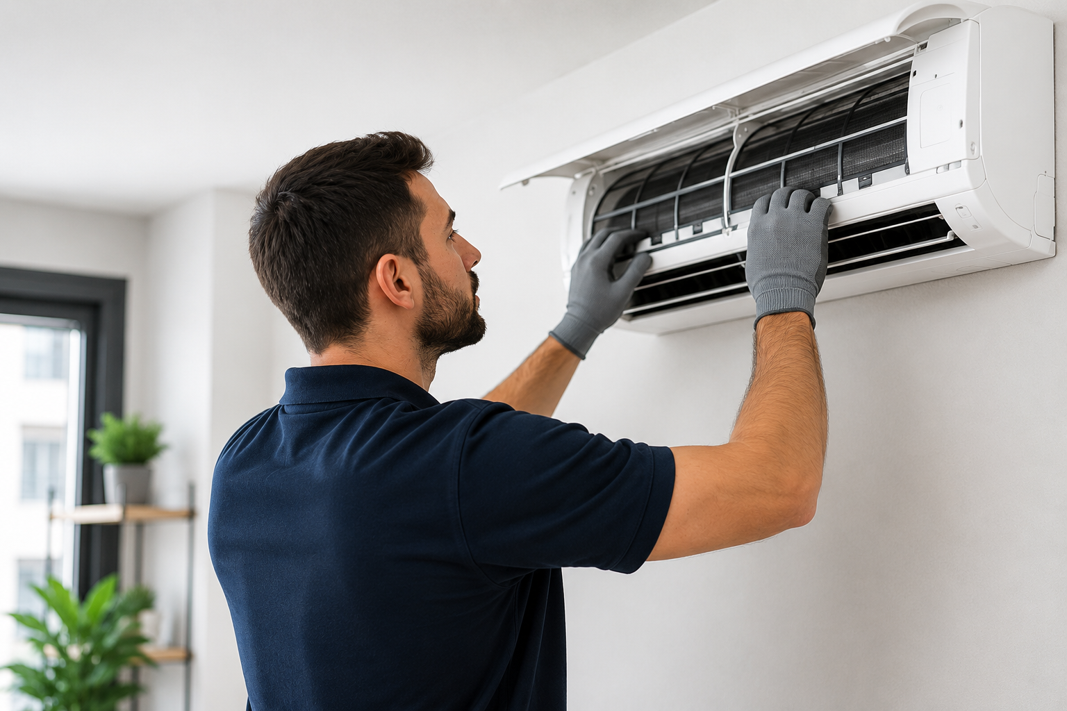 Técnico realizando reparación y mantenimiento de aire acondicionado en Madrid